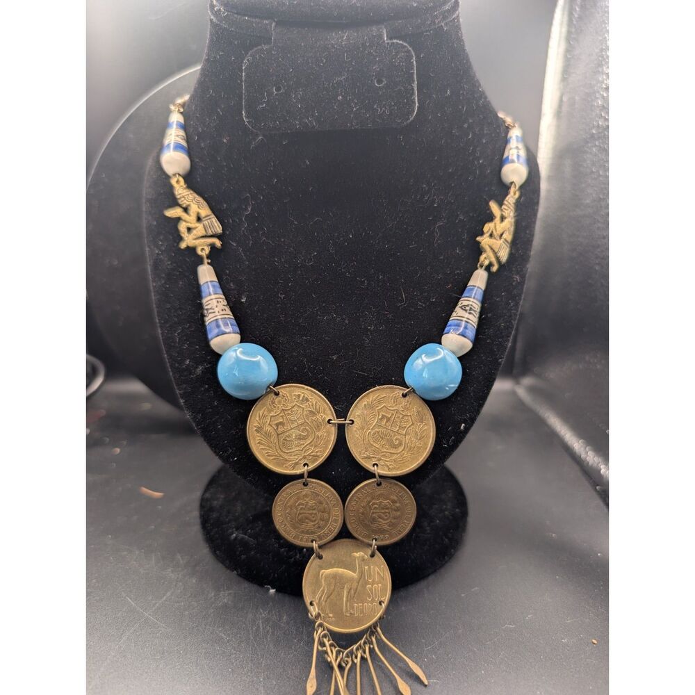 Vintage Necklace • Peruvian Coin Pendants • Mixed Beads